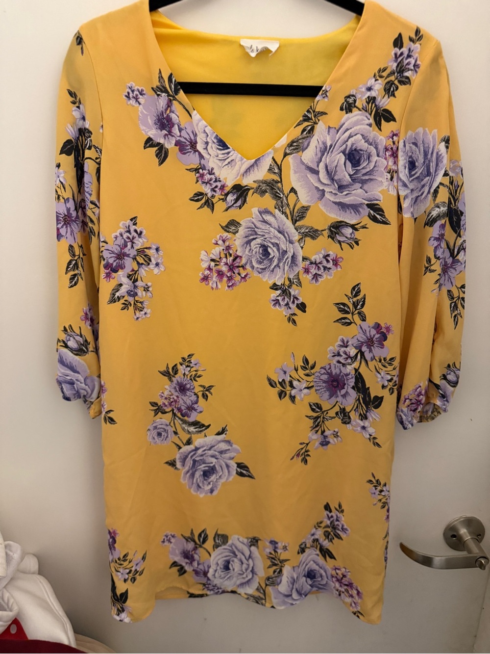 Yellow Floral V-Neck Midi Dress with Lavender Rose Print